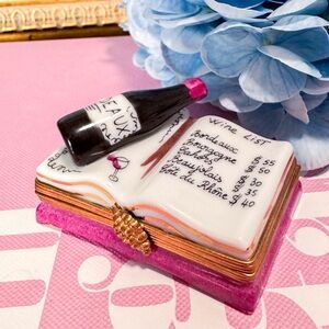 Limoges France Wine List Book Trinket Box w Bordeaux Wine Bottle Book Grapes